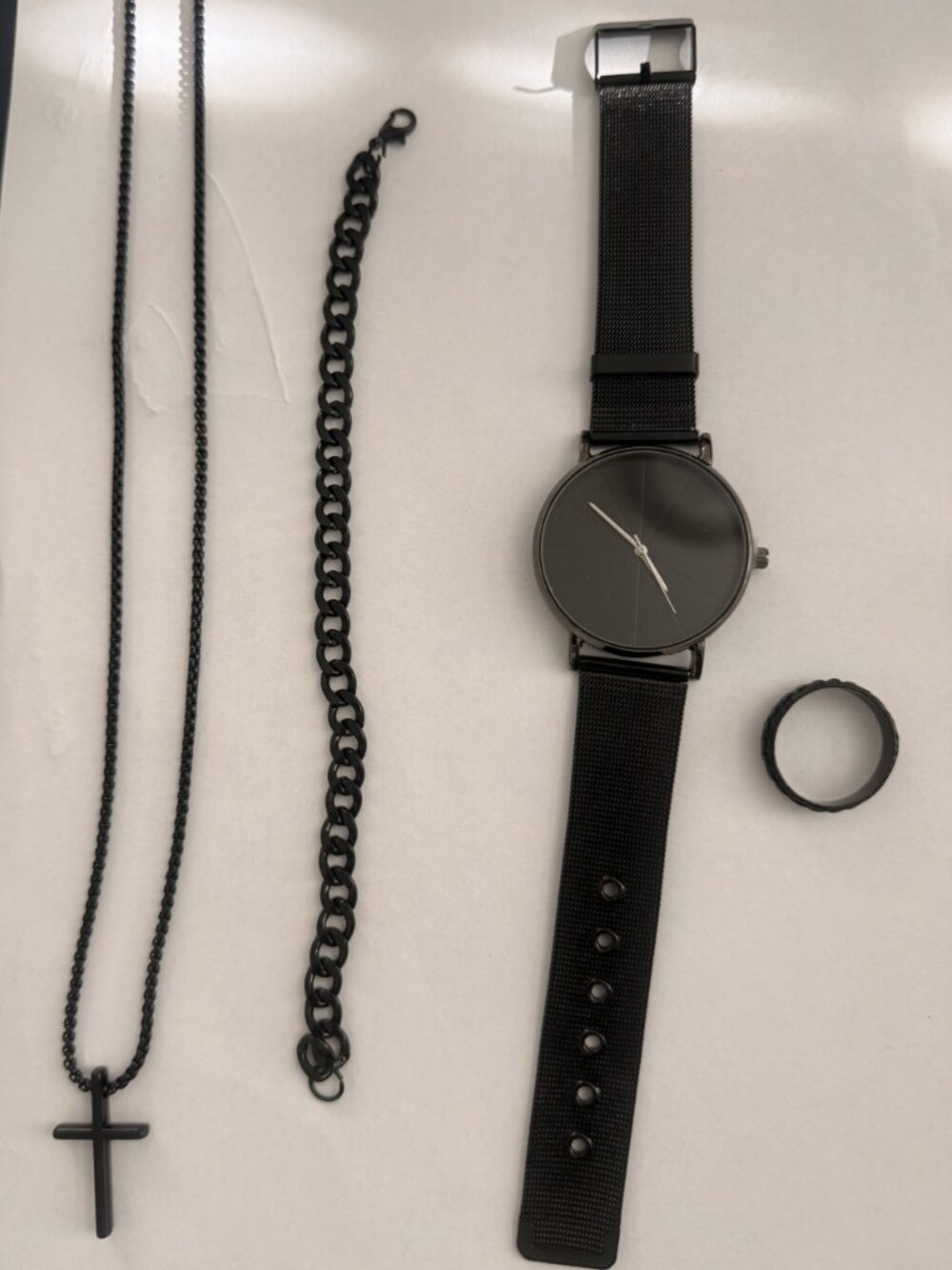 4pcs/set Men's all black Watch Jewelry Fashion Set